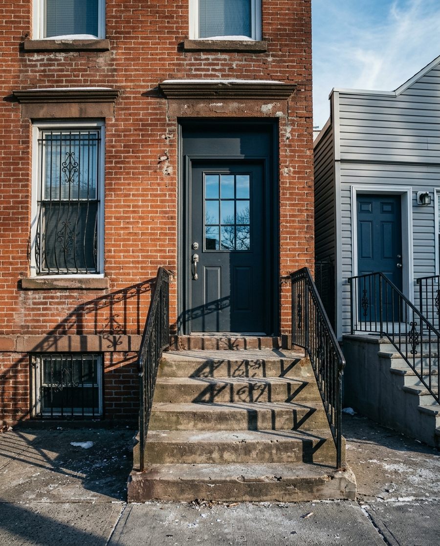 A brick row house stoop with an iron railing and a dark front door beside a vinyl-sided neighbor
